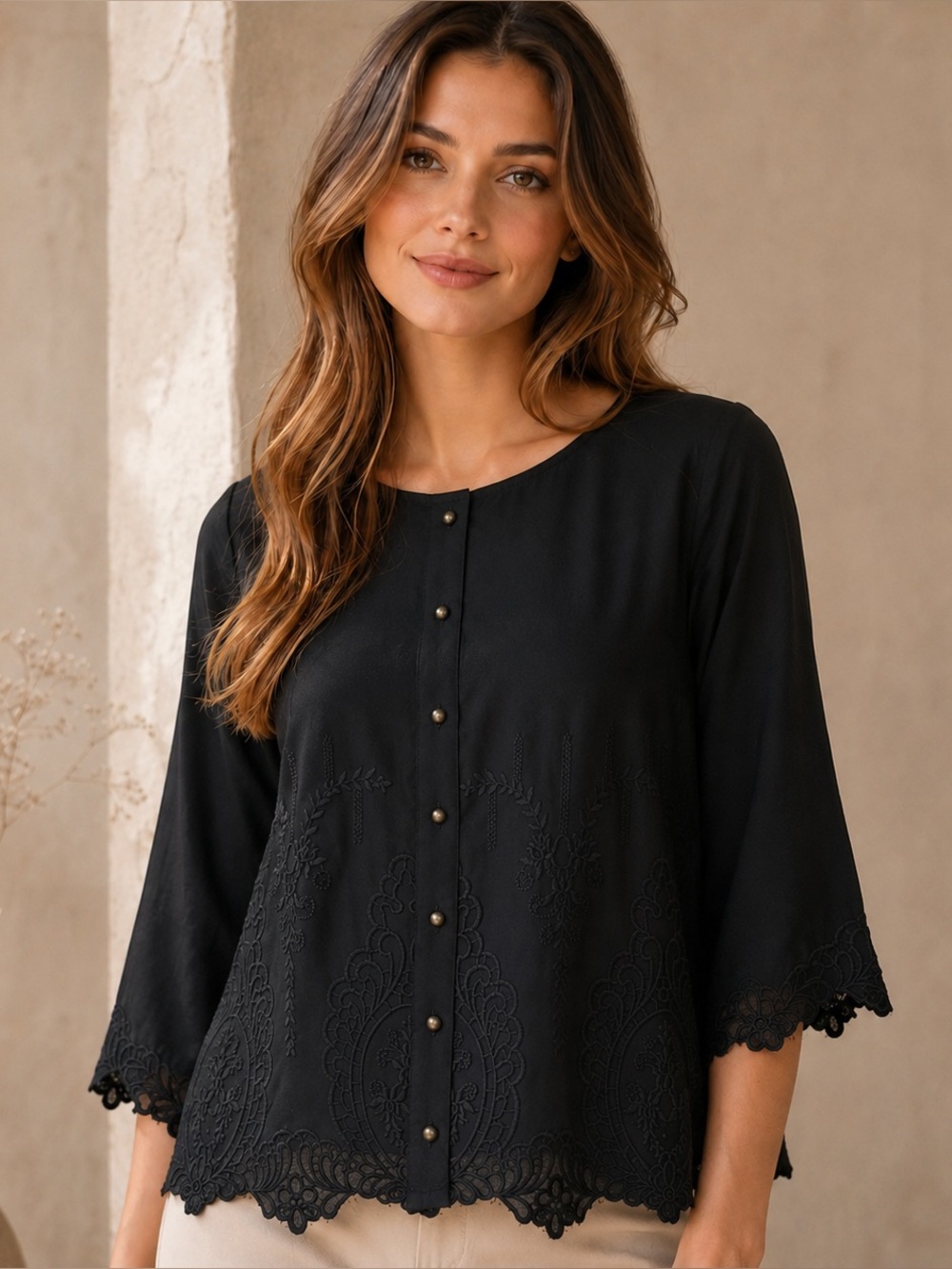 Black Embroidered Lace Hem Button Front Blouse Boho Gothic Romantic Top